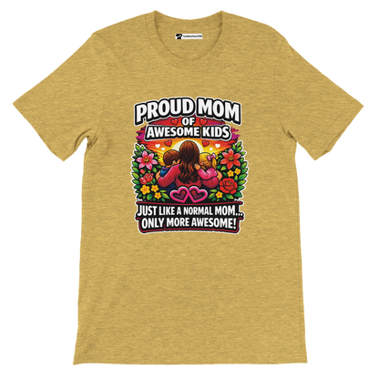 Yellow t-shirt with colorful anime-style mom and kids design, floral accents, and proud mom quote.