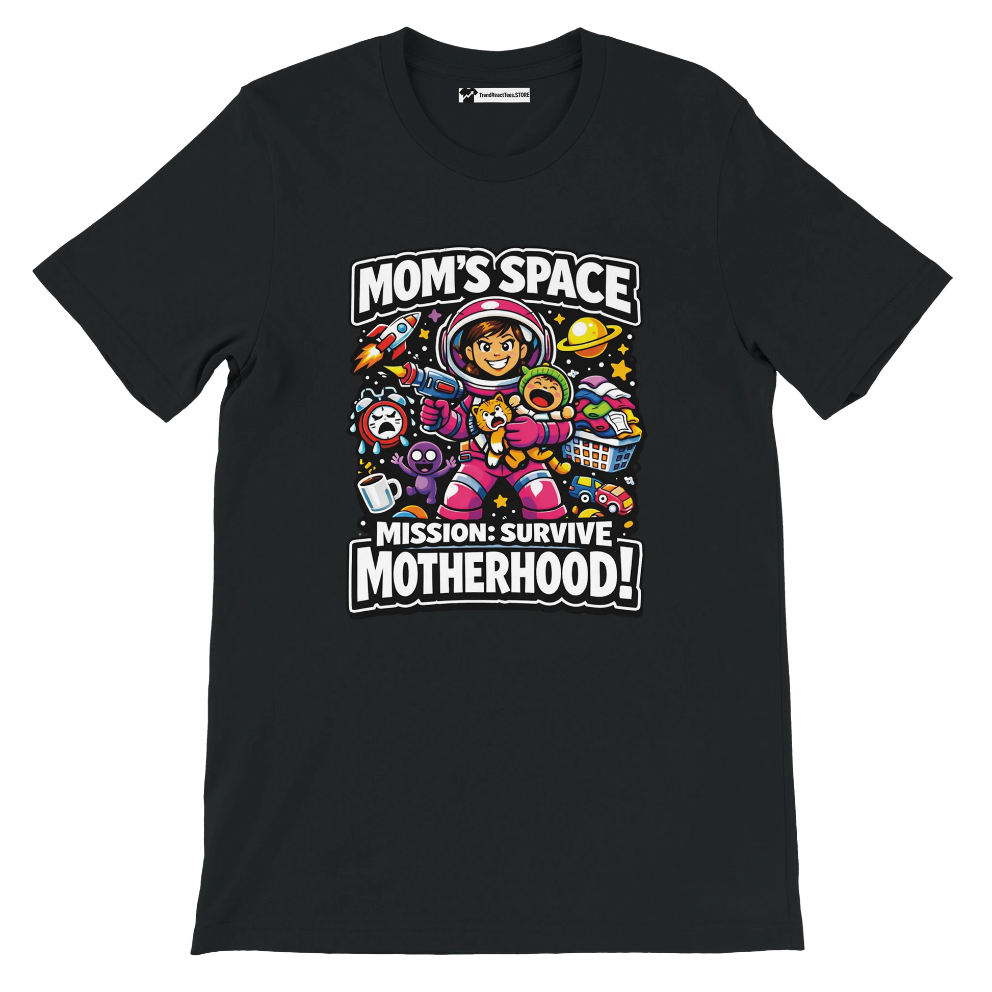 Black t-shirt with cartoon mom astronaut, space theme, and 'Mission: Survive Motherhood!' quote