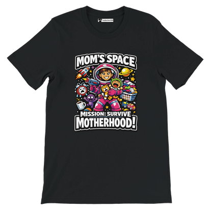 Black t-shirt with cartoon mom astronaut, space theme, and 'Mission: Survive Motherhood!' quote