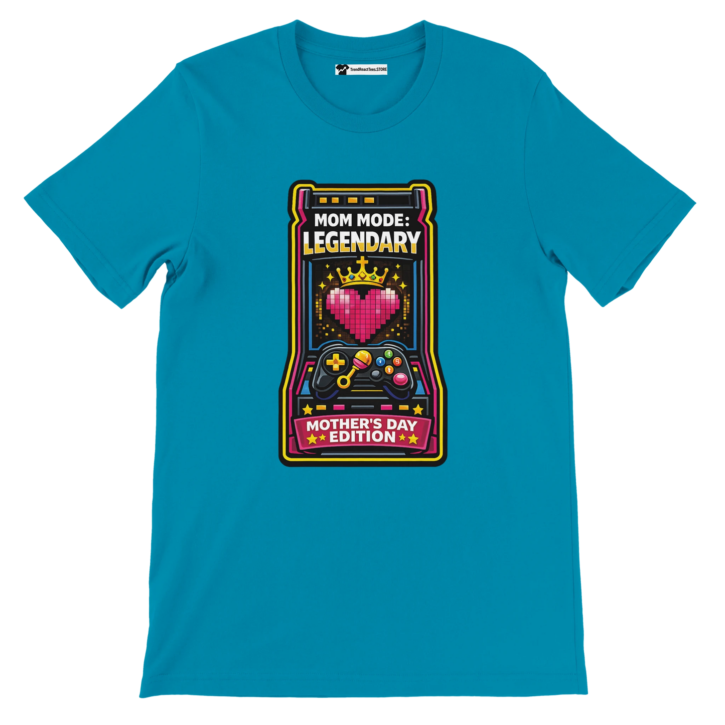 Blue t-shirt with gamer-themed Mother's Day design featuring heart, crown, and controller.