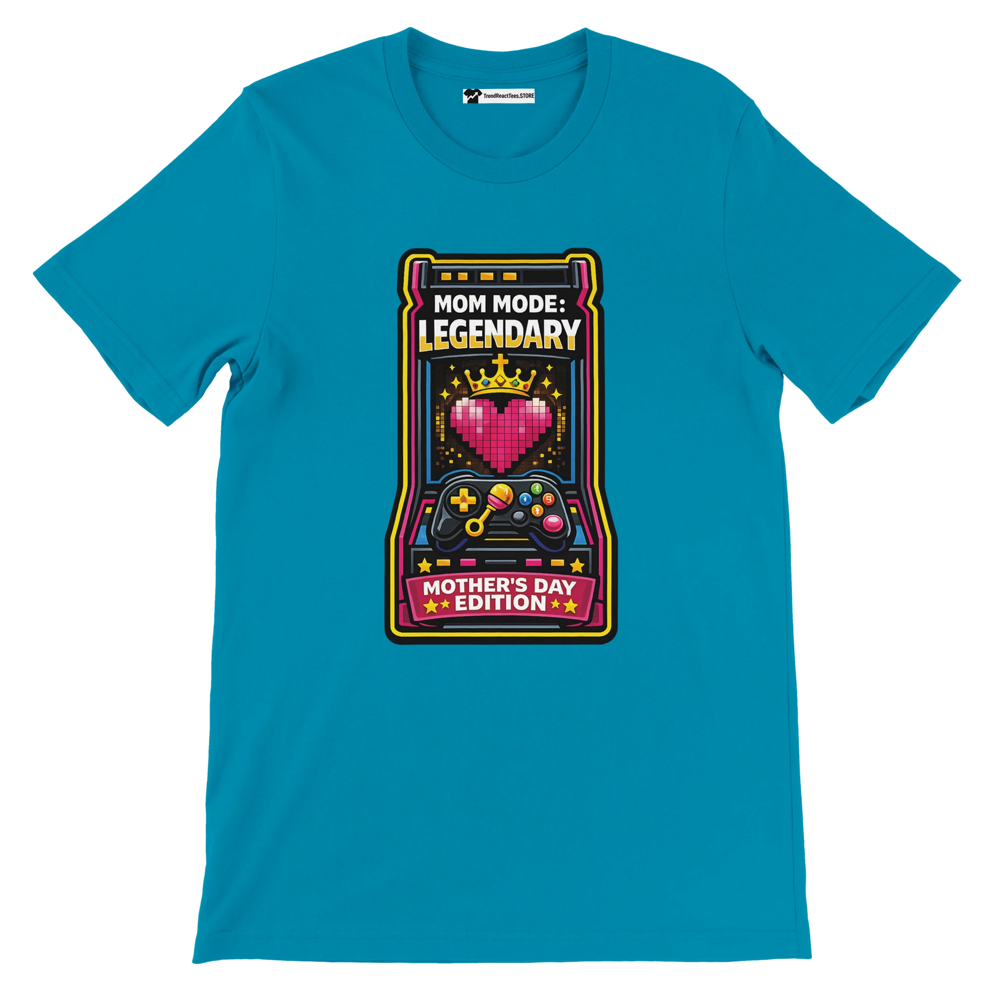 Blue t-shirt with gamer-themed Mother's Day design featuring heart, crown, and controller.