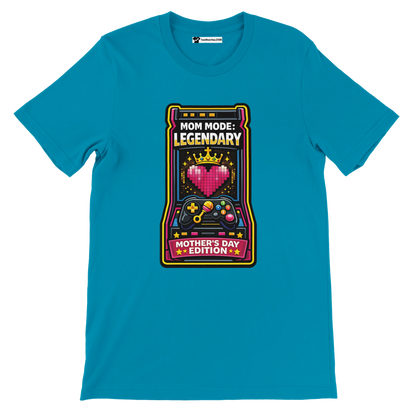 Blue t-shirt with gamer-themed Mother's Day design featuring heart, crown, and controller.