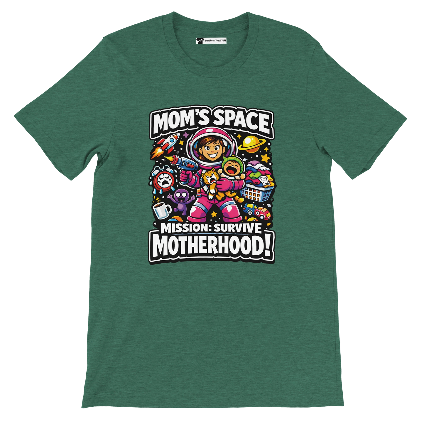 Green t-shirt with cartoon mom astronaut, motherhood quote, anime aesthetic, colorful space theme.