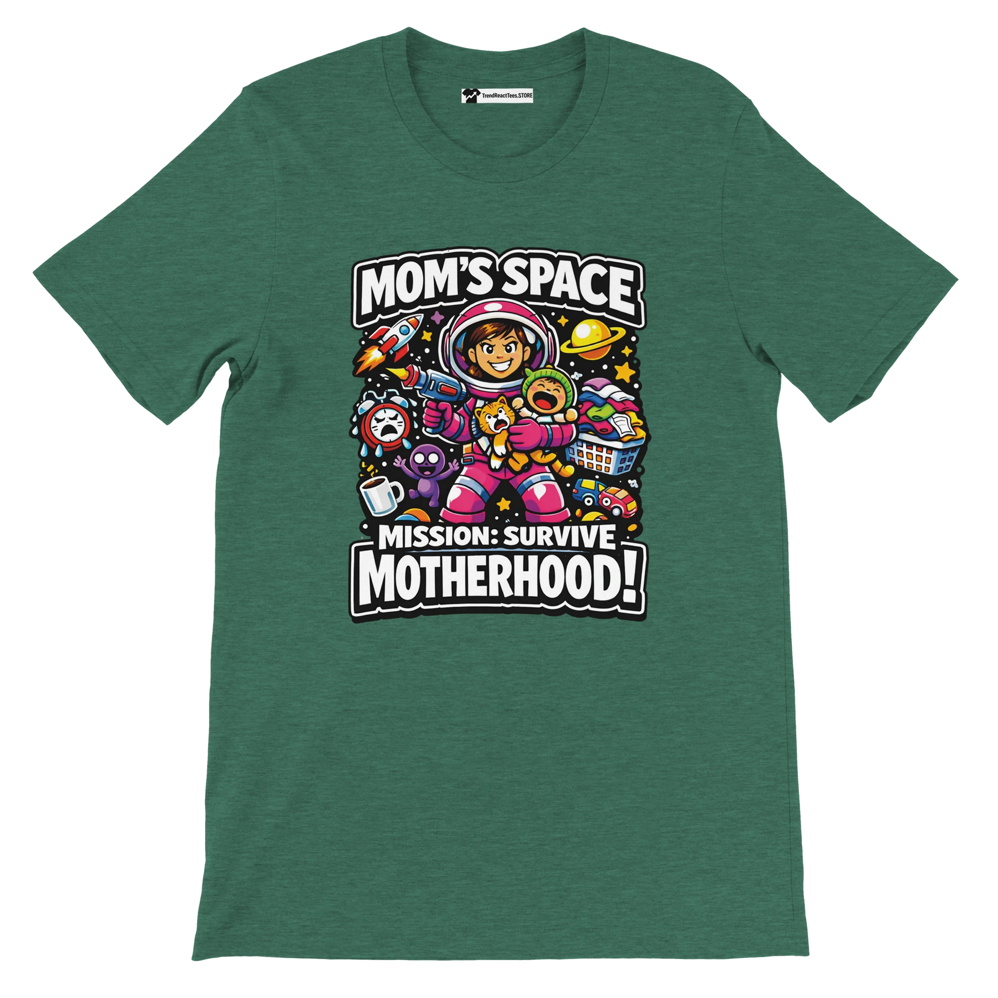 Green t-shirt with cartoon mom astronaut, motherhood quote, anime aesthetic, colorful space theme.
