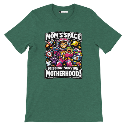 Green t-shirt with cartoon mom astronaut, motherhood quote, anime aesthetic, colorful space theme.