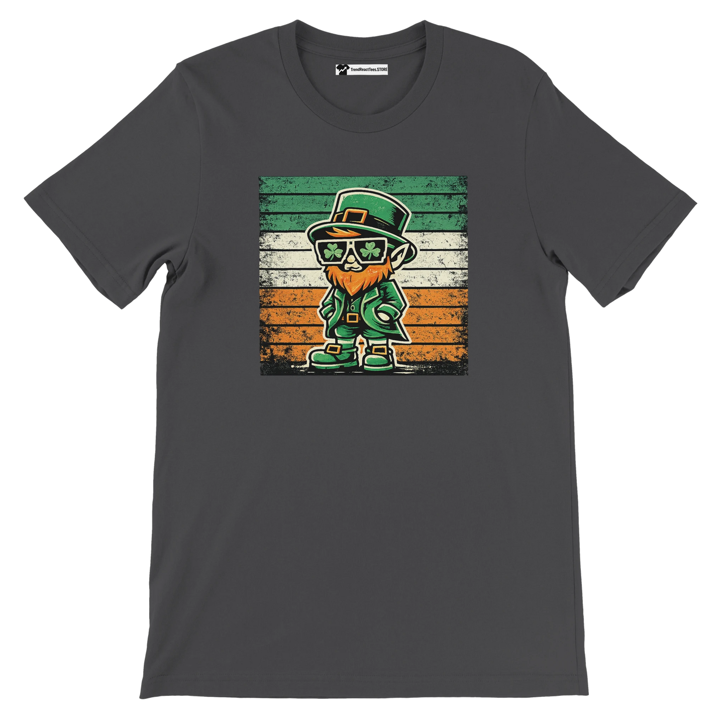 Anime style leprechaun graphic tee with shamrock sunglasses and Irish flag background