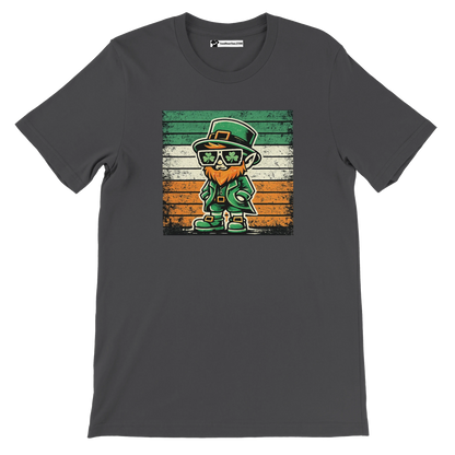 Anime style leprechaun graphic tee with shamrock sunglasses and Irish flag background