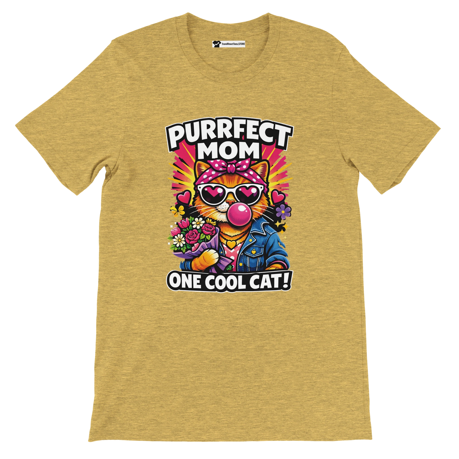 Yellow graphic tee with cartoon cat wearing sunglasses, text 'Purrfect Mom One Cool Cat', holding flowers.