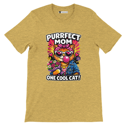 Yellow graphic tee with cartoon cat wearing sunglasses, text 'Purrfect Mom One Cool Cat', holding flowers.