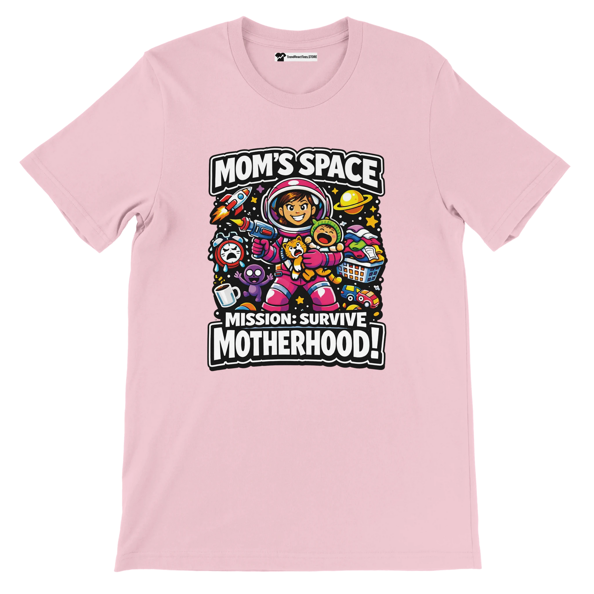 Pink anime graphic tee with mom astronaut, space theme, and motherhood survival quote.