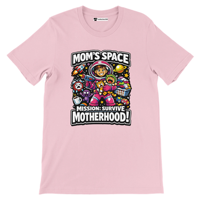 Pink anime graphic tee with mom astronaut, space theme, and motherhood survival quote.