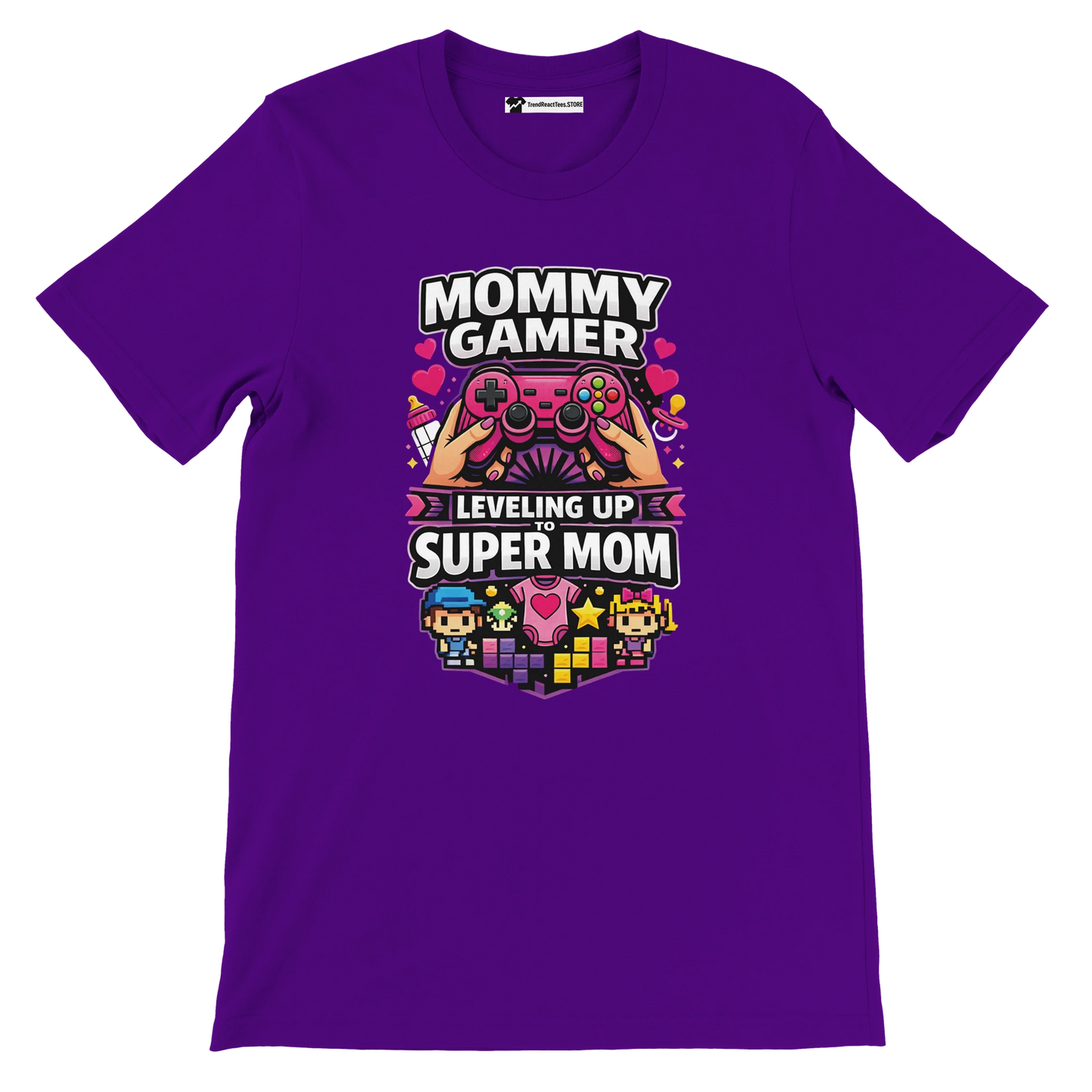 Purple mommy gamer t-shirt with anime-style controller, hearts, and pixel art 'Leveling Up to Super Mom' design