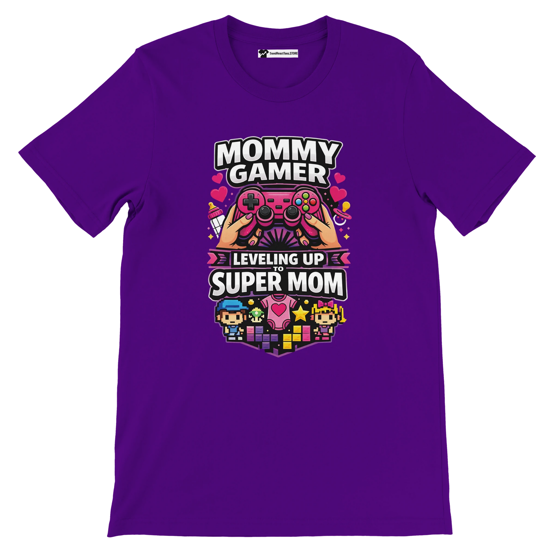 Purple mommy gamer t-shirt with anime-style controller, hearts, and pixel art 'Leveling Up to Super Mom' design