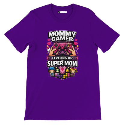 Purple mommy gamer t-shirt with anime-style controller, hearts, and pixel art 'Leveling Up to Super Mom' design