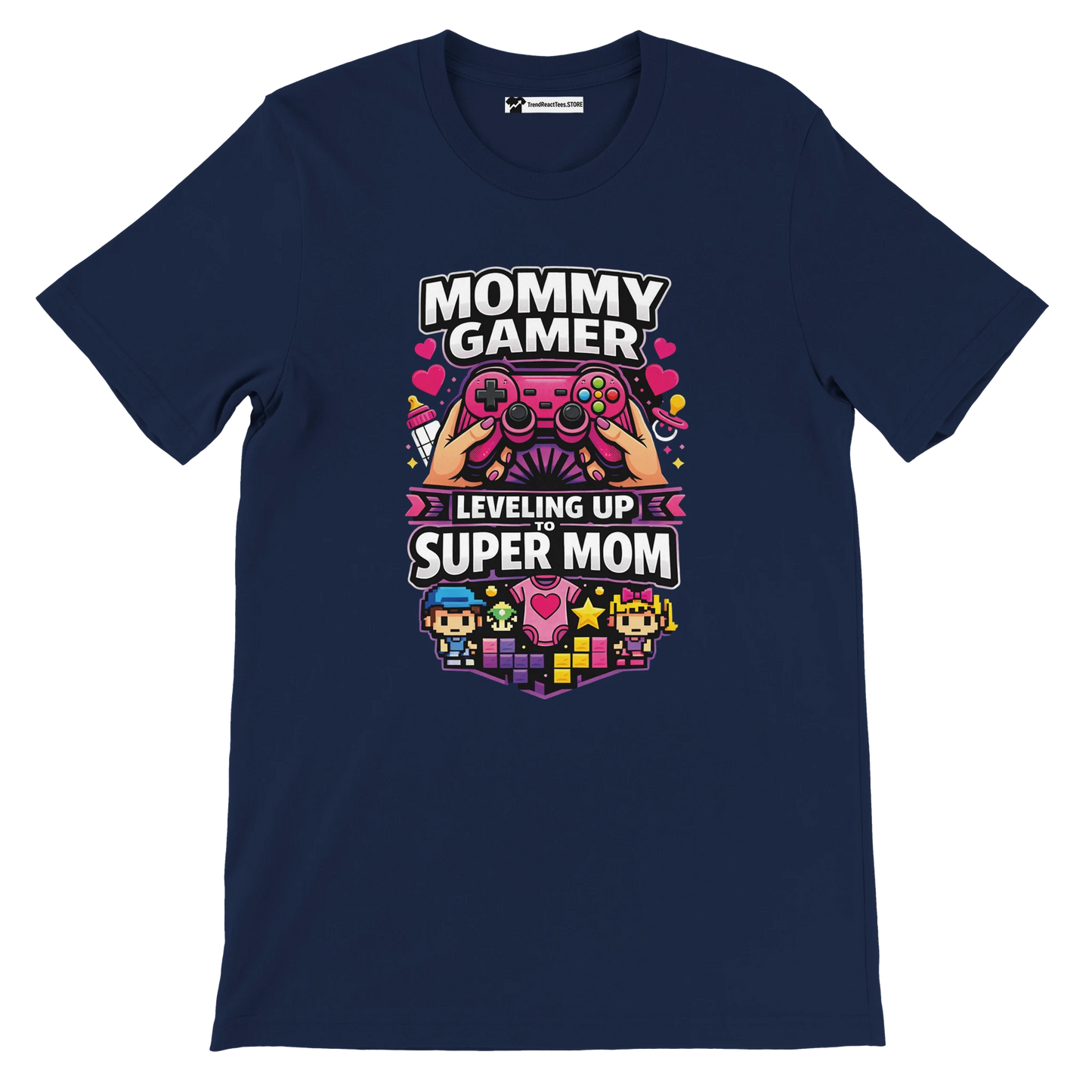 Navy blue tee with 'Mommy Gamer Leveling Up to Super Mom' text, game controller, pixel art graphics