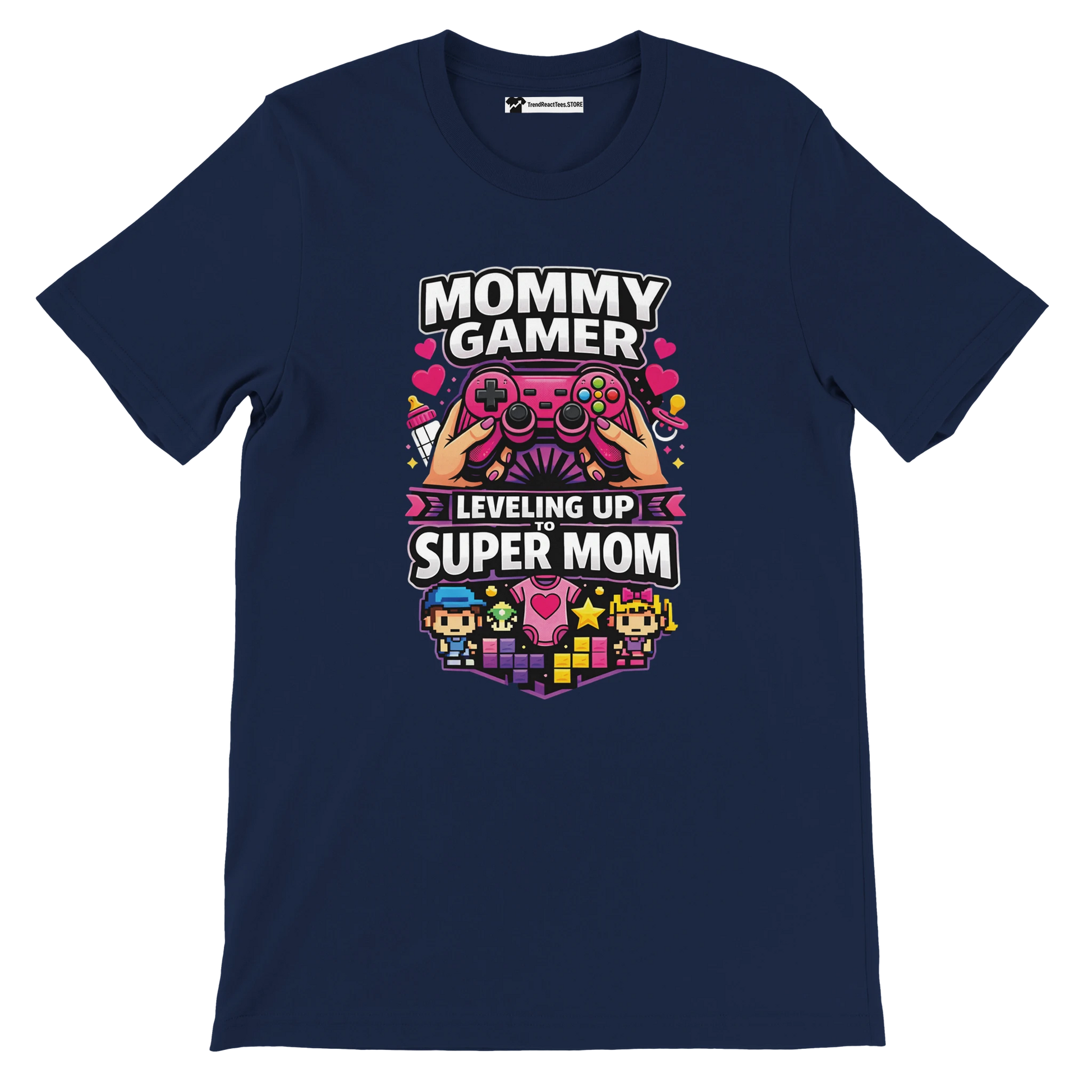 Navy blue tee with 'Mommy Gamer Leveling Up to Super Mom' text, game controller, pixel art graphics