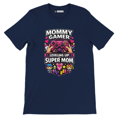 Navy blue tee with 'Mommy Gamer Leveling Up to Super Mom' text, game controller, pixel art graphics