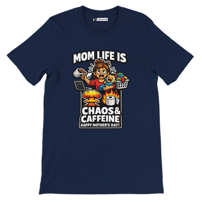 Navy blue Mother's Day tee with cartoon mom, baby, coffee, laundry, fire, and chaos theme.