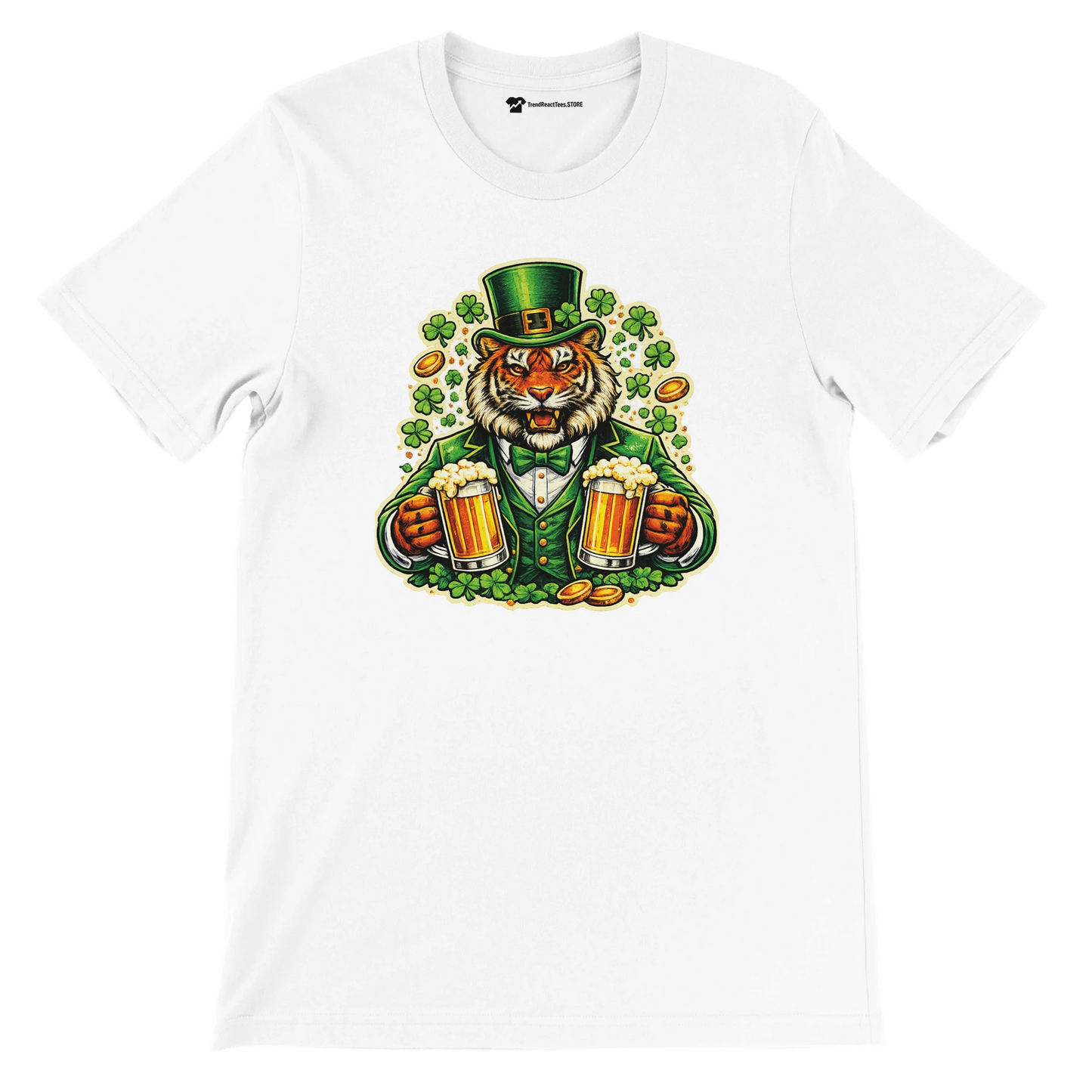 White t-shirt with anime tiger in leprechaun outfit, holding beer mugs, clovers and gold coins