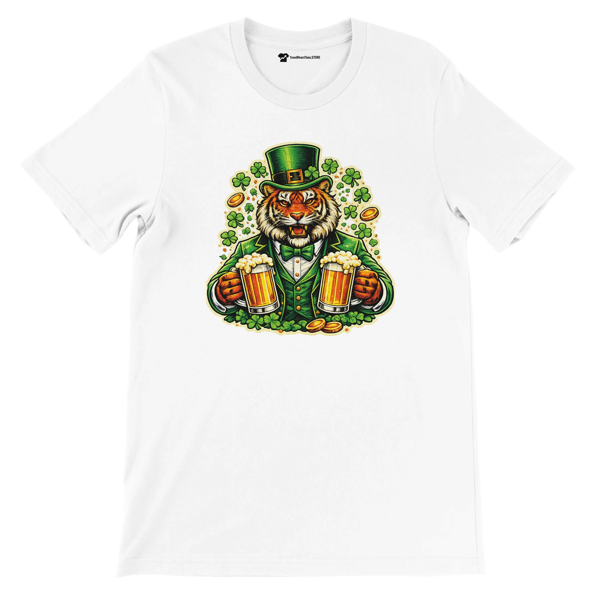 White t-shirt with anime tiger in leprechaun outfit, holding beer mugs, clovers and gold coins