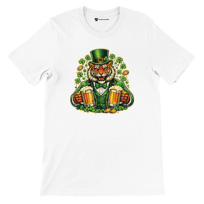 White t-shirt with anime tiger in leprechaun outfit, holding beer mugs, clovers and gold coins