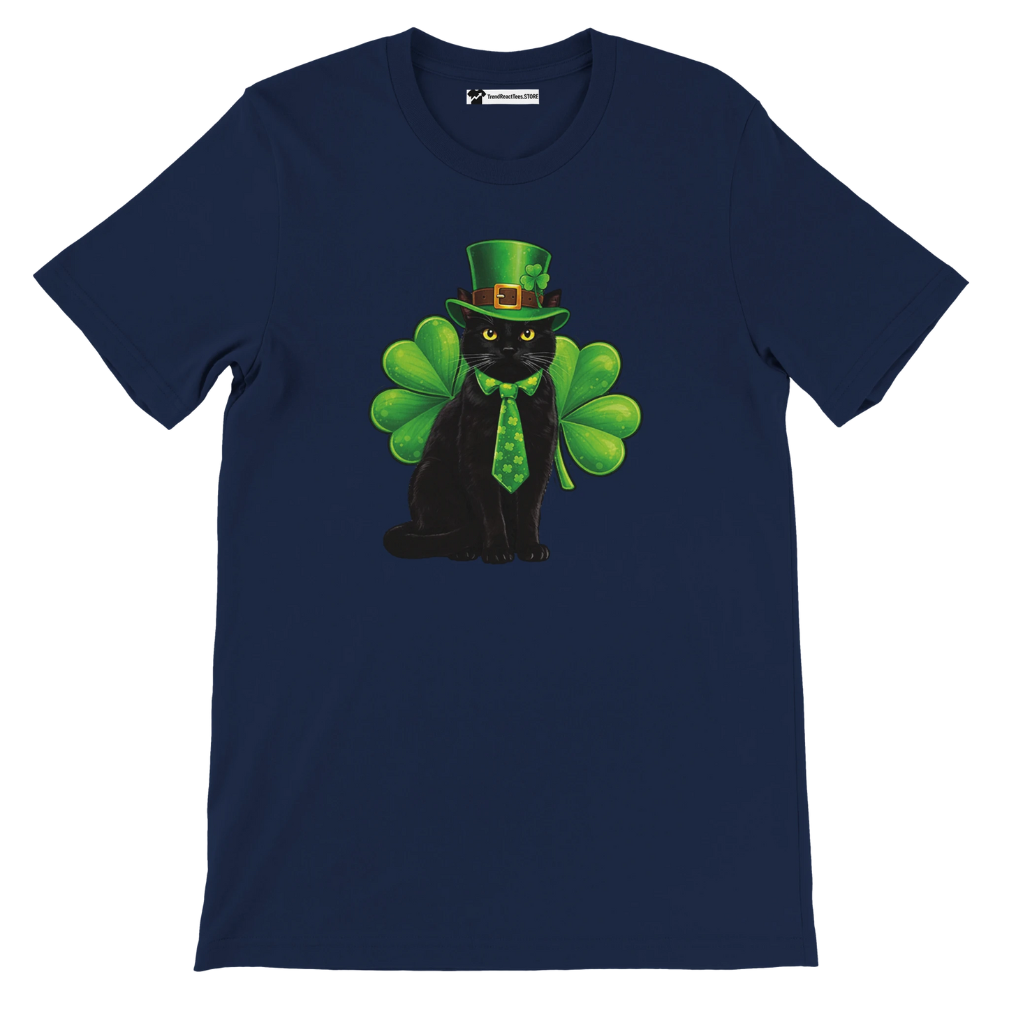 Navy t-shirt with a black cat wearing a green leprechaun hat, tie, and shamrock wings, St. Patrick's Day anime shirt