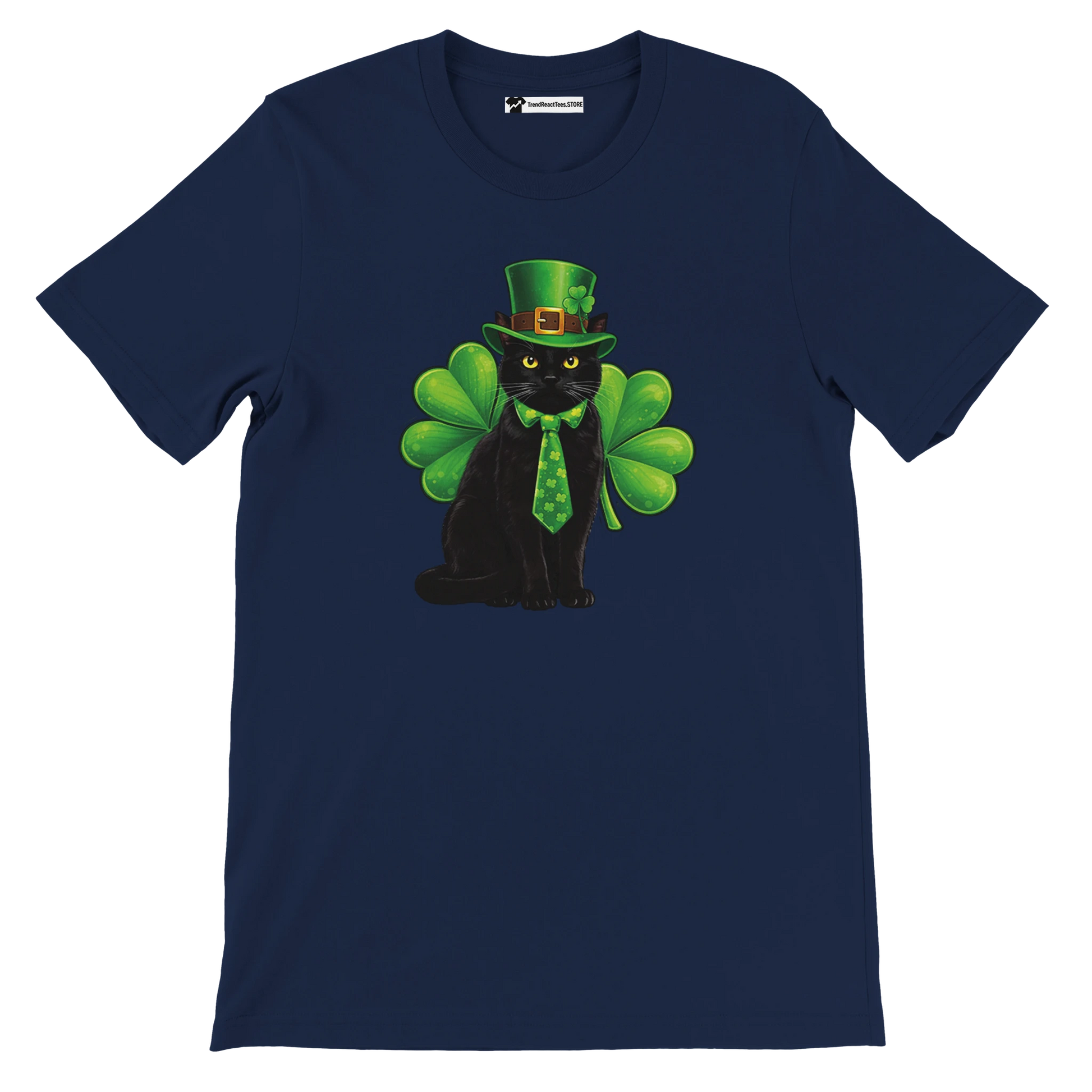 Navy t-shirt with a black cat wearing a green leprechaun hat, tie, and shamrock wings, St. Patrick's Day anime shirt