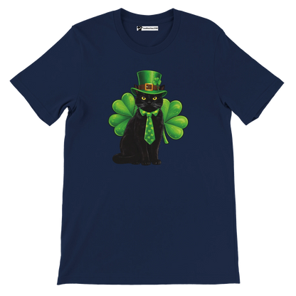 Navy t-shirt with a black cat wearing a green leprechaun hat, tie, and shamrock wings, St. Patrick's Day anime shirt
