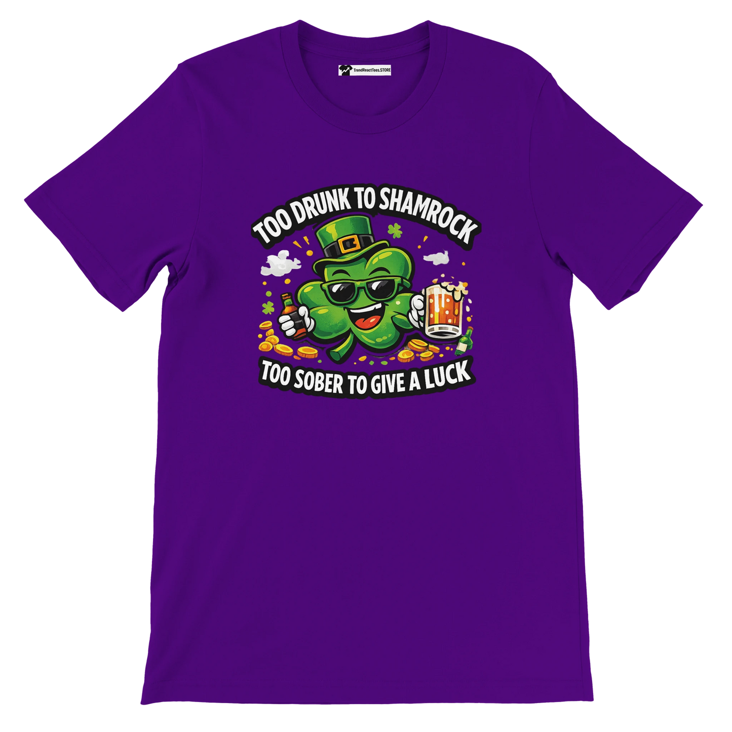 Purple t-shirt with cartoon clover holding beer, St. Patrick's Day graphic and funny quote