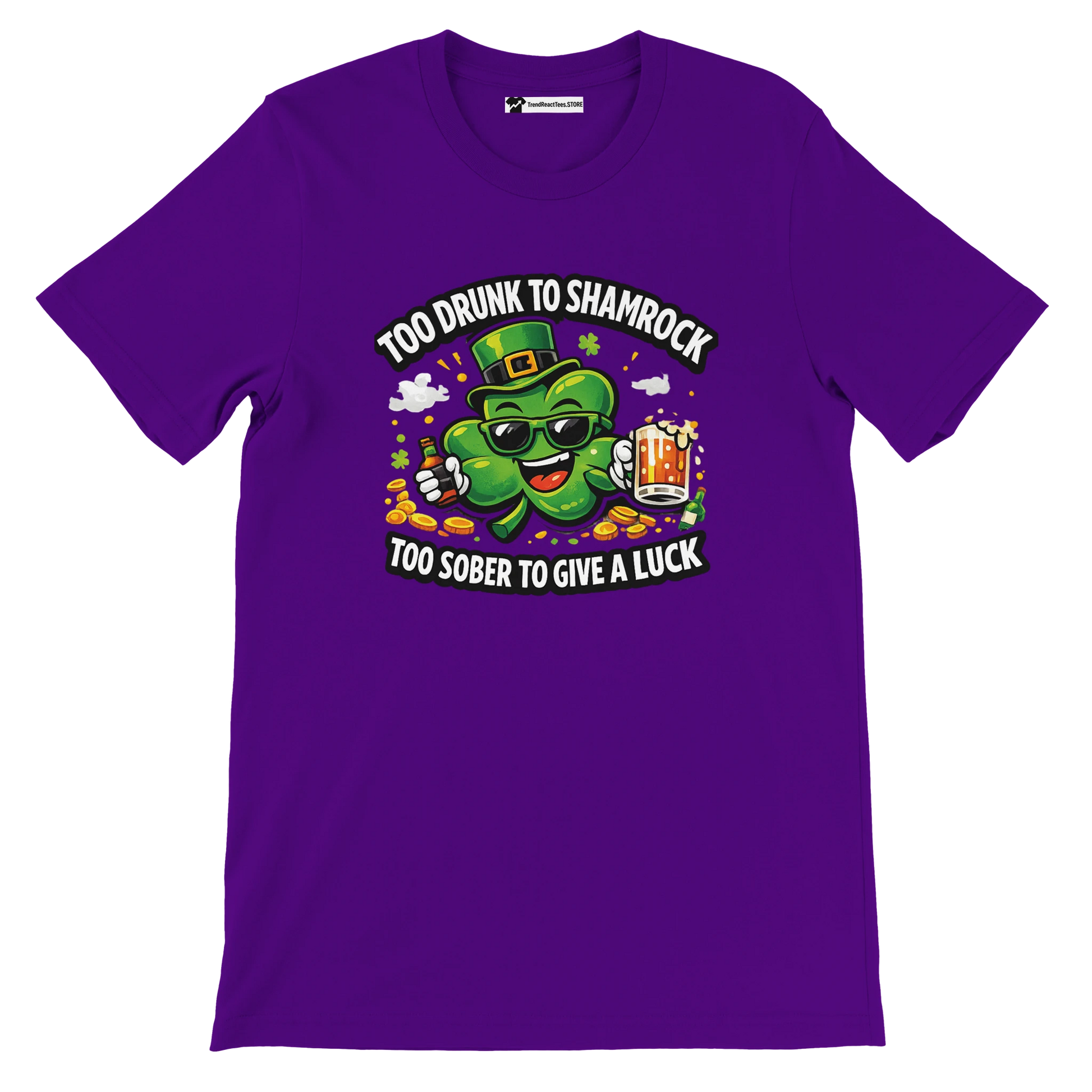 Purple t-shirt with cartoon clover holding beer, St. Patrick's Day graphic and funny quote