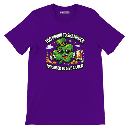 Purple t-shirt with cartoon clover holding beer, St. Patrick's Day graphic and funny quote