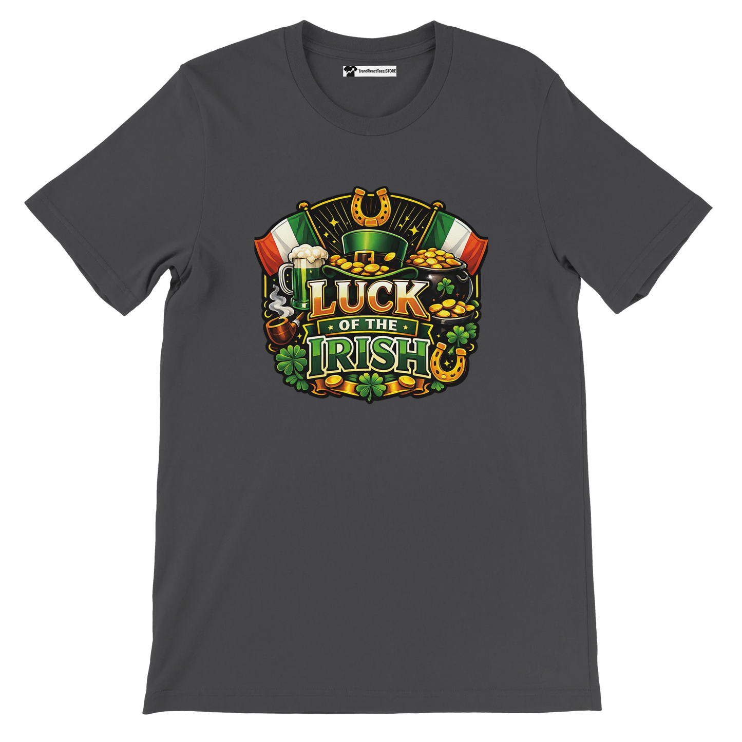 Gray t-shirt with 'Luck of the Irish' design, featuring shamrocks, coins, leprechaun hat, and Irish flags.