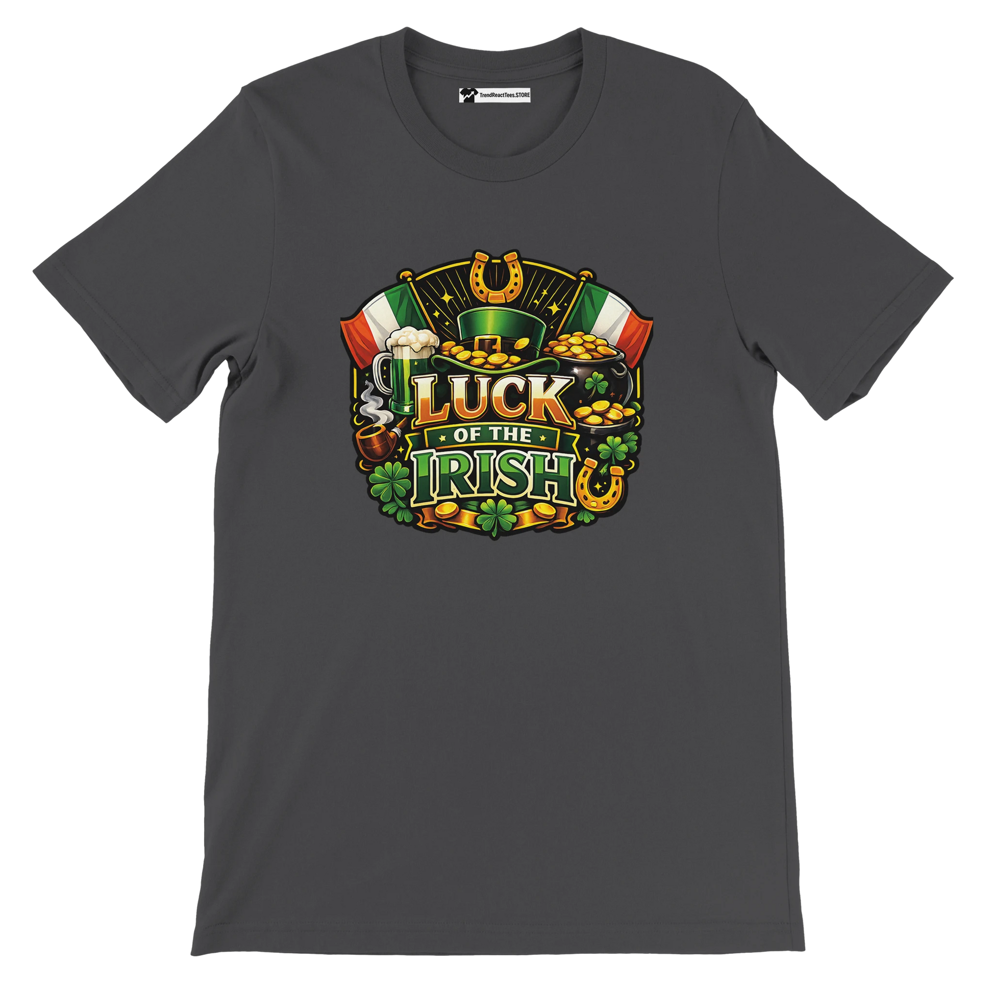Gray t-shirt with 'Luck of the Irish' design, featuring shamrocks, coins, leprechaun hat, and Irish flags.