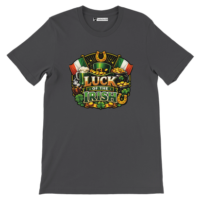 Gray t-shirt with 'Luck of the Irish' design, featuring shamrocks, coins, leprechaun hat, and Irish flags.