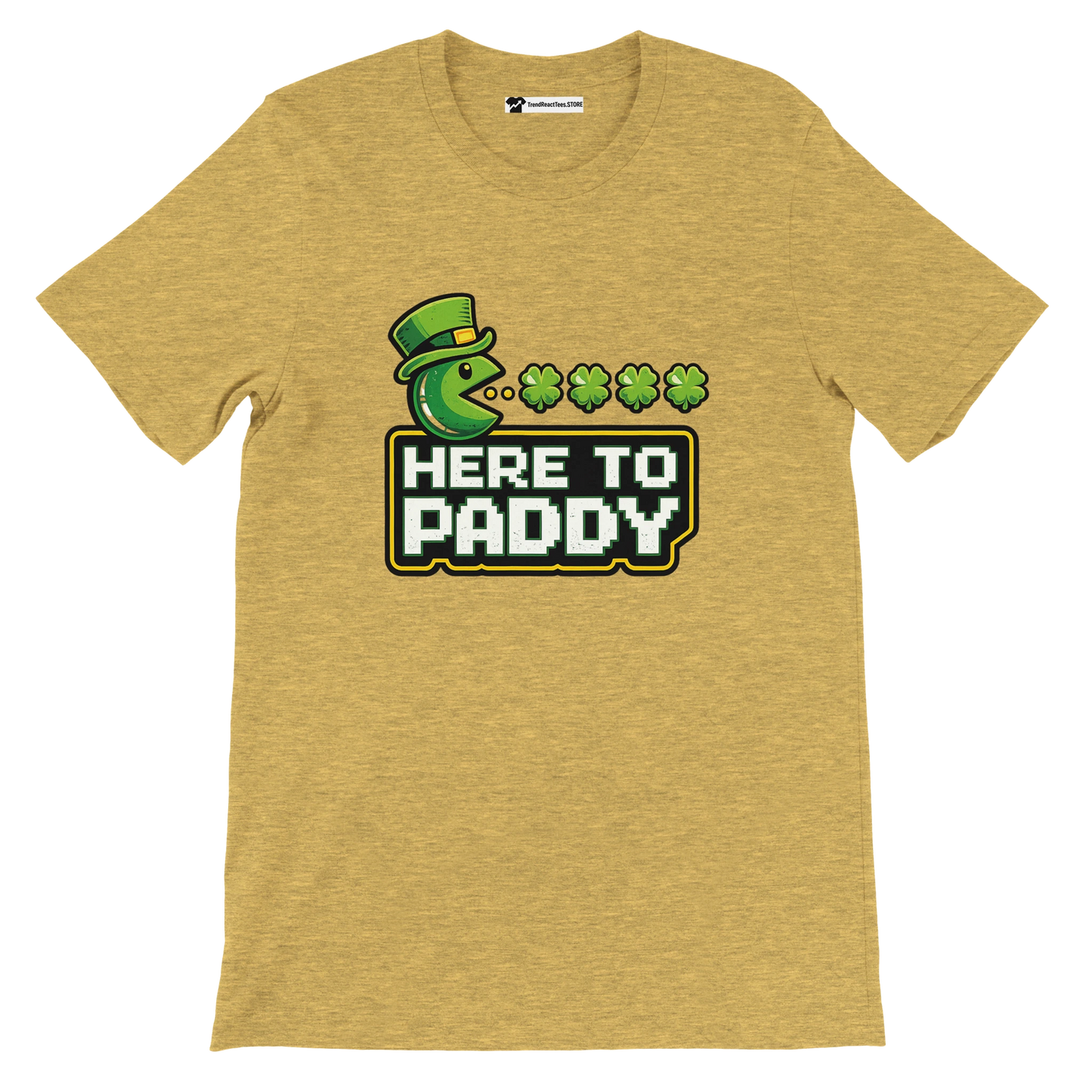 St. Patrick's Day t-shirt with Pac-Man in leprechaun hat eating shamrocks, 'Here to Paddy' text