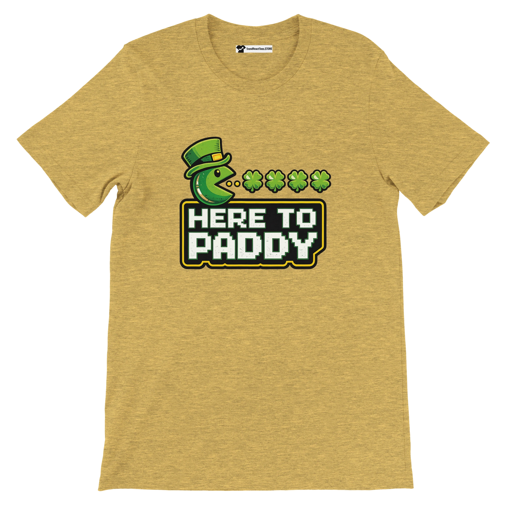 St. Patrick's Day t-shirt with Pac-Man in leprechaun hat eating shamrocks, 'Here to Paddy' text