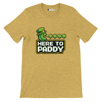 St. Patrick's Day t-shirt with Pac-Man in leprechaun hat eating shamrocks, 'Here to Paddy' text