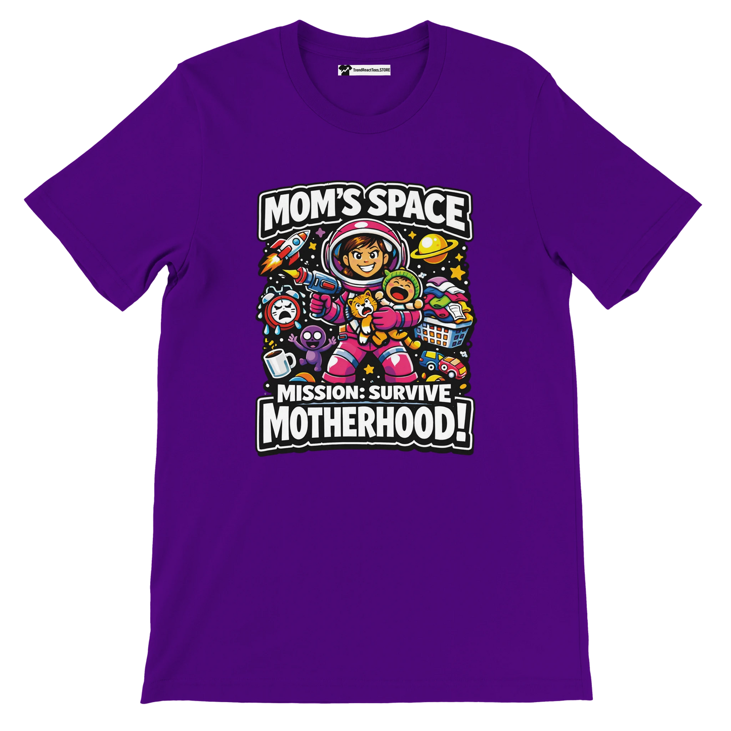 Purple anime-style tee featuring a mom astronaut and text 'Mom's Space Mission: Survive Motherhood'.
