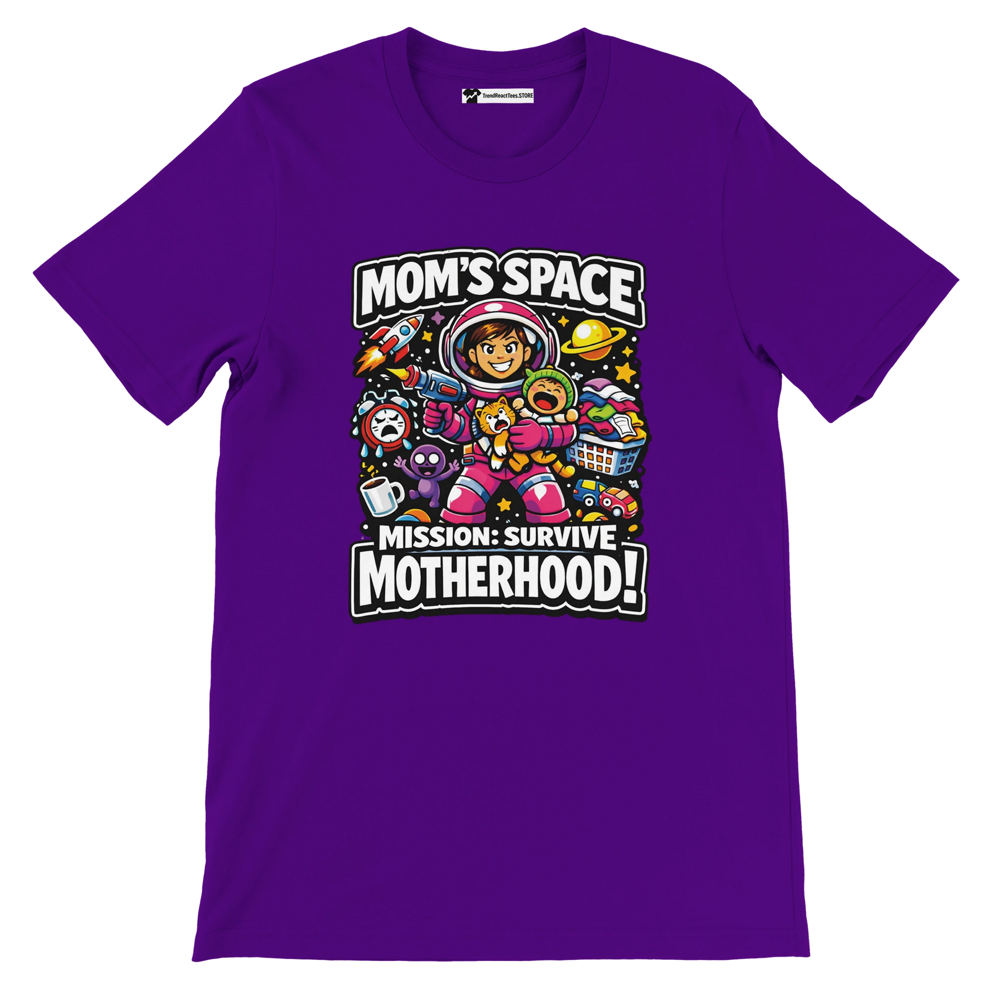 Purple anime-style tee featuring a mom astronaut and text 'Mom's Space Mission: Survive Motherhood'.