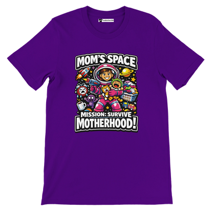 Purple anime-style tee featuring a mom astronaut and text 'Mom's Space Mission: Survive Motherhood'.
