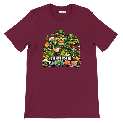 Funny St. Patrick's Day tee with leprechaun, dinosaur, and 'I'm Alpaca-Drunk' text