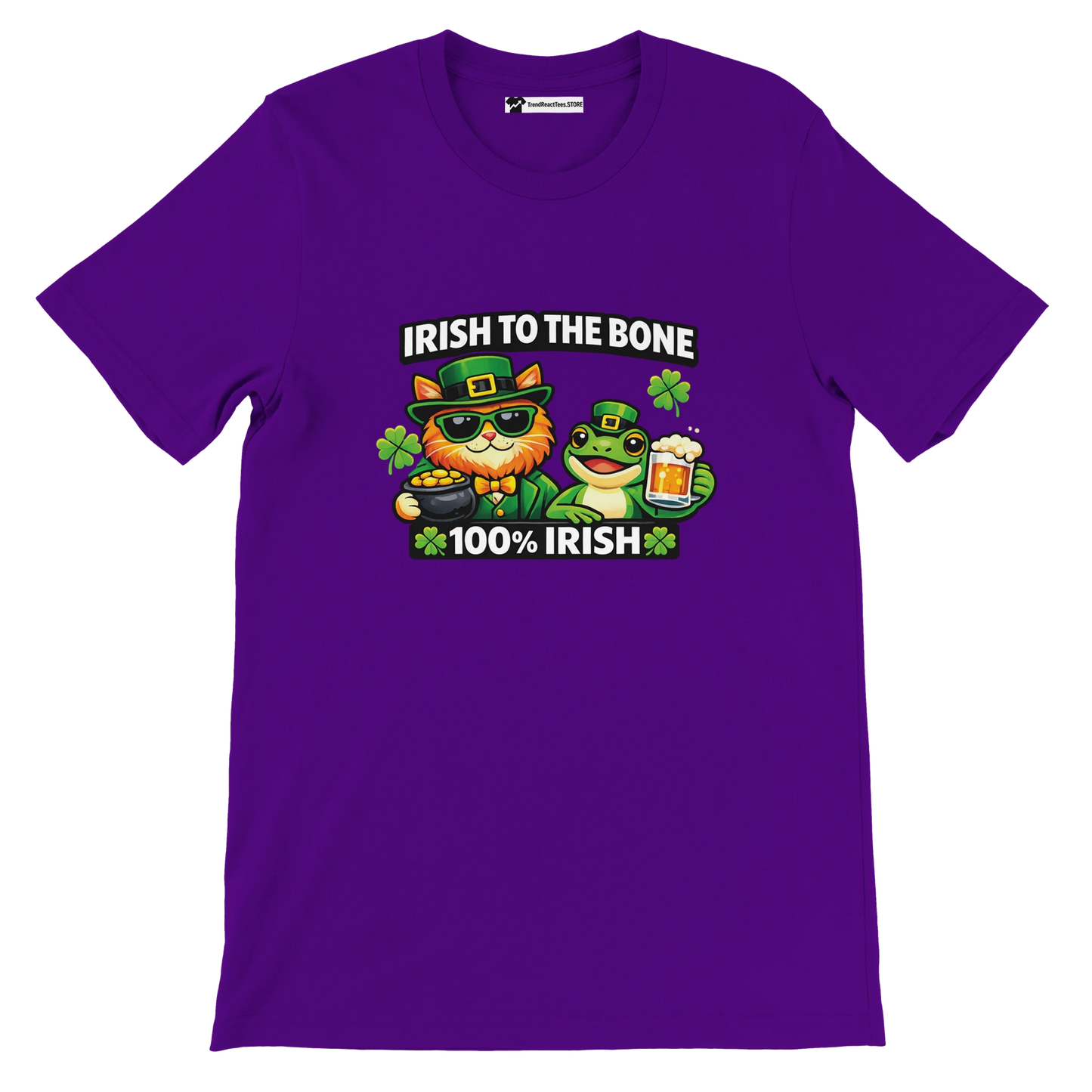 Purple Irish to the Bone tee with cat, frog, shamrocks, and beer for St. Patrick’s Day