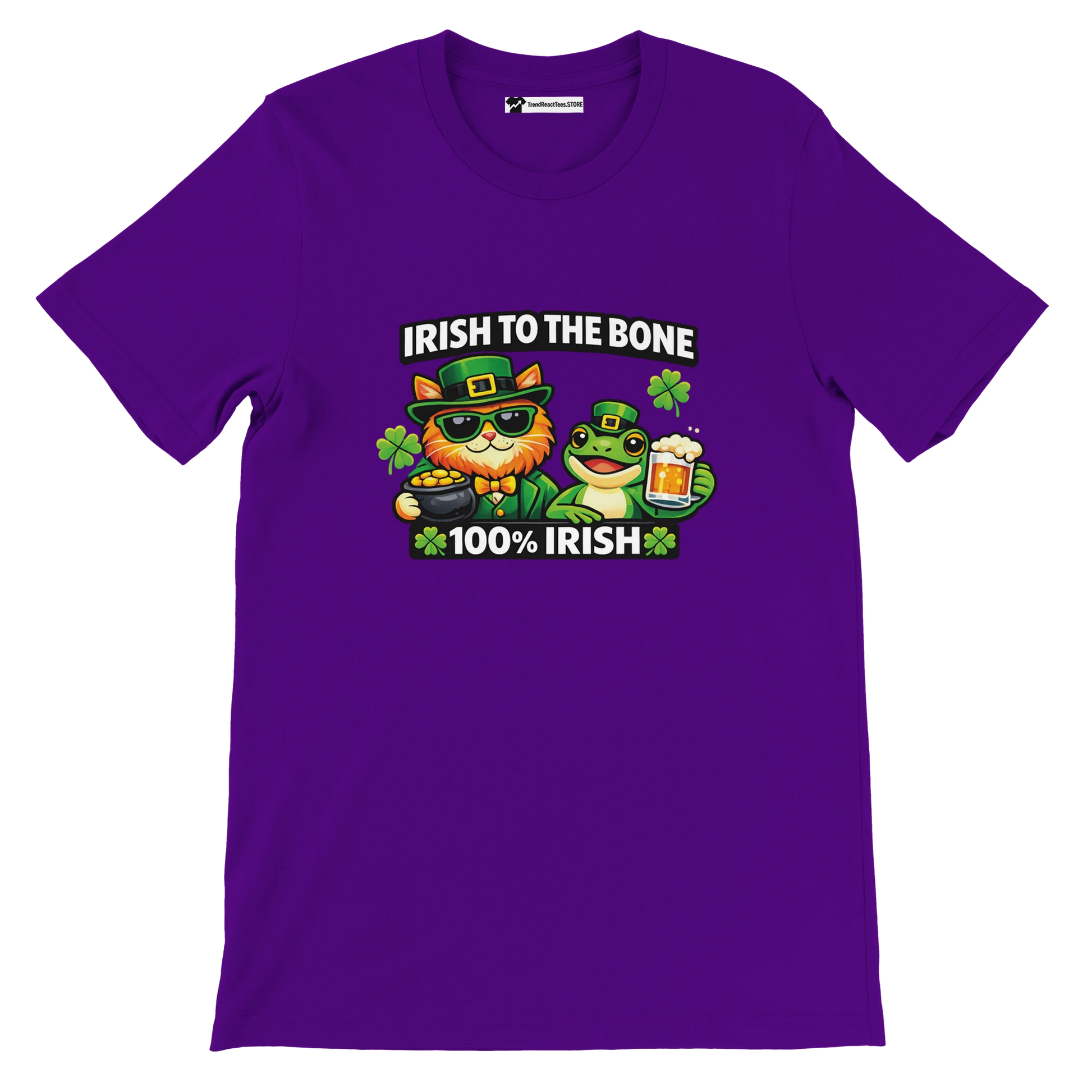 Purple Irish to the Bone tee with cat, frog, shamrocks, and beer for St. Patrick’s Day