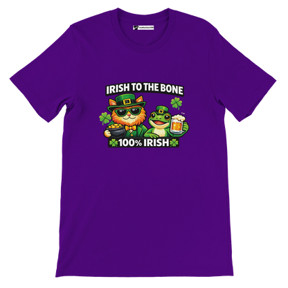 Purple Irish to the Bone tee with cat, frog, shamrocks, and beer for St. Patrick’s Day