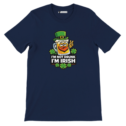 Navy blue St. Patrick's Day tee with funny 'I'm not drunk I'm Irish' beer mug graphic, shamrocks, and leprechaun hat.