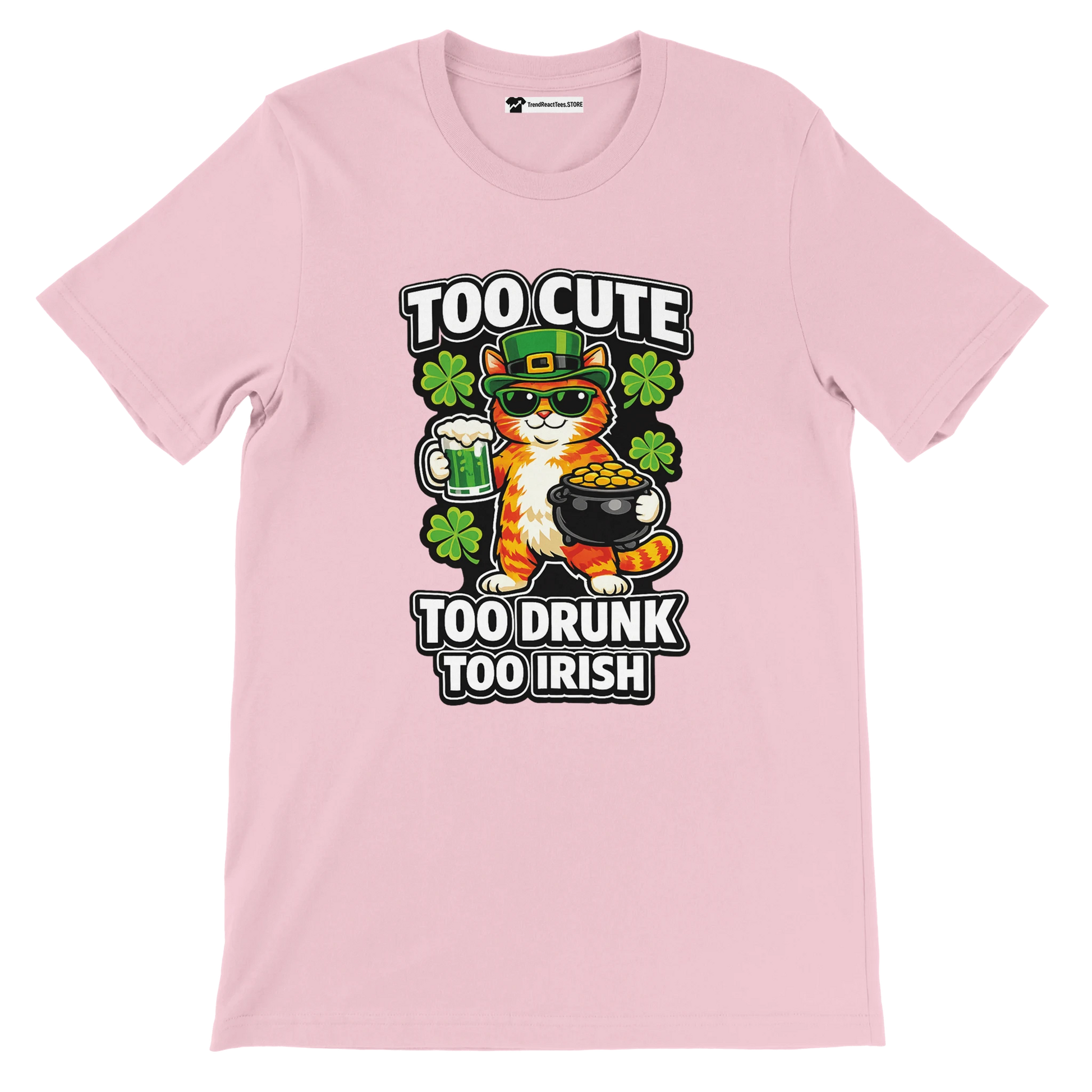 Pink t-shirt with cartoon cat in leprechaun hat holding beer and pot of gold, shamrocks, funny Irish quote