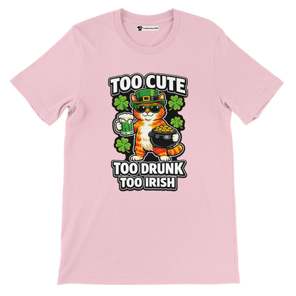 Pink t-shirt with cartoon cat in leprechaun hat holding beer and pot of gold, shamrocks, funny Irish quote