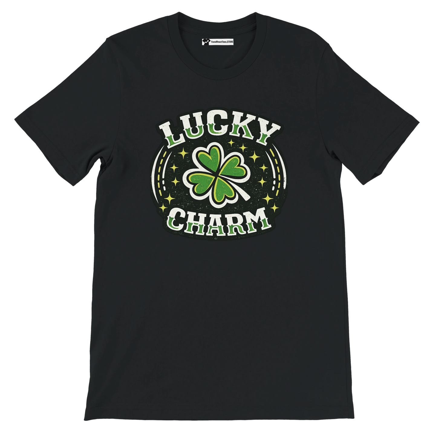 Black t-shirt with green shamrock and 'Lucky Charm' St. Patrick's Day graphic design