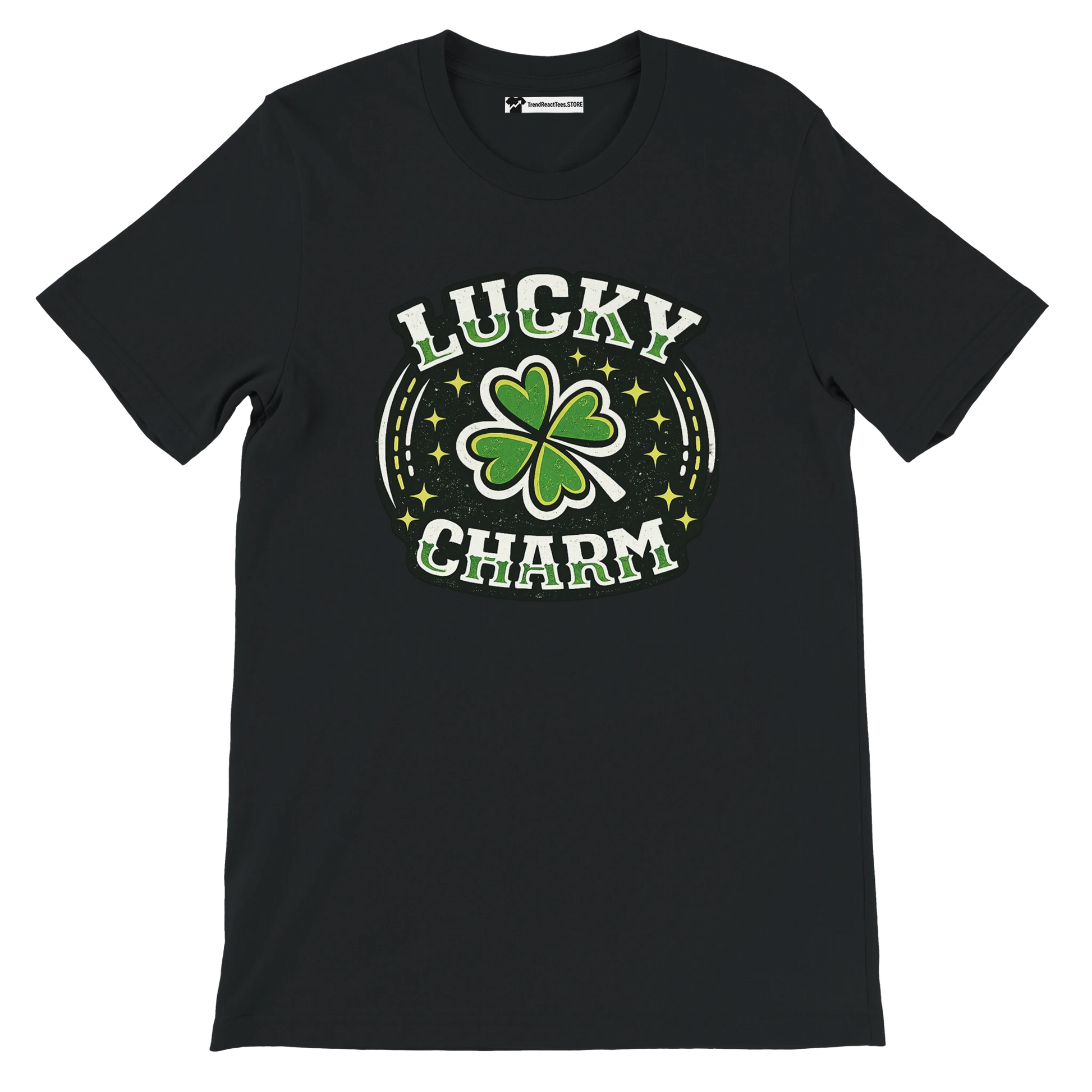 Black t-shirt with green shamrock and 'Lucky Charm' St. Patrick's Day graphic design