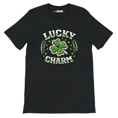 Black t-shirt with green shamrock and 'Lucky Charm' St. Patrick's Day graphic design